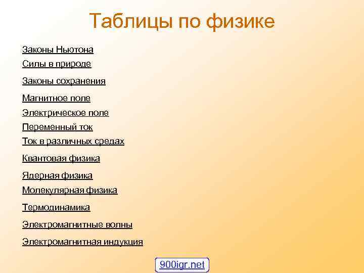 Таблицы по физике Законы Ньютона Cилы в природе Законы сохранения Магнитное поле Электрическое поле