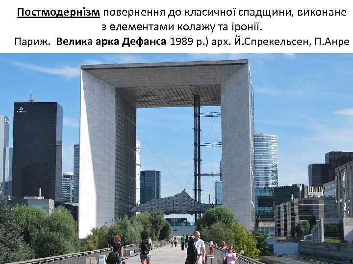 Постмодернізм повернення до класичної спадщини, виконане з елементами колажу та іронії. Париж. Велика арка