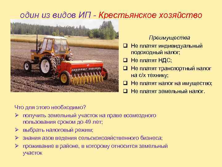 один из видов ИП - Крестьянское хозяйство q q q Преимущества Не платят индивидуальный