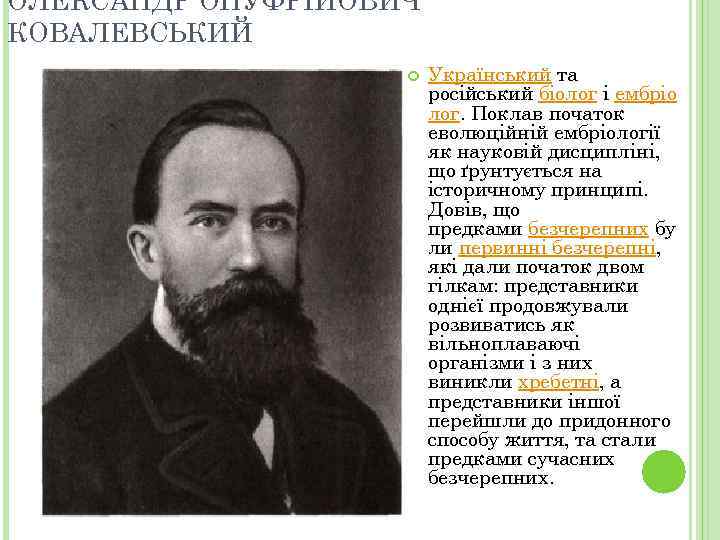 ОЛЕКСАНДР ОНУФРІЙОВИЧ КОВАЛЕВСЬКИЙ Український та російський біолог і ембріо лог. Поклав початок еволюційній ембріології