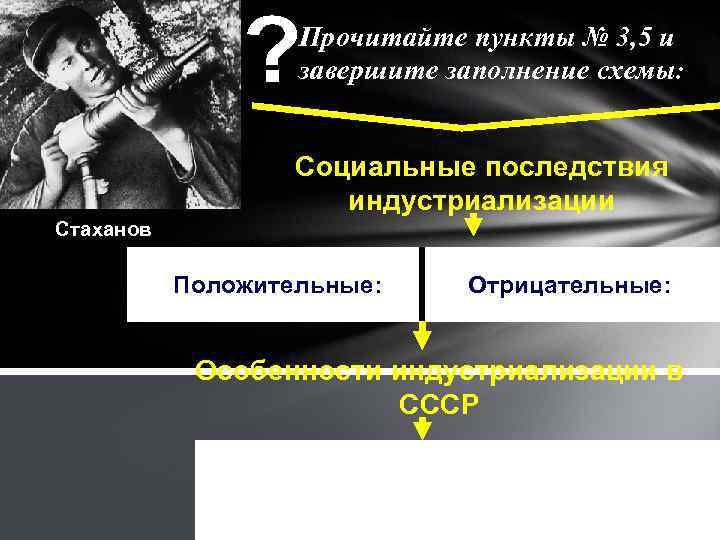 Прочитайте пункты № 3, 5 и завершите заполнение схемы: Социальные последствия индустриализации Стаханов Положительные: