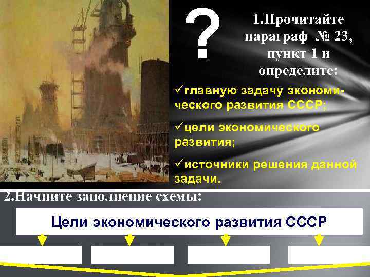 1. Прочитайте параграф № 23, пункт 1 и определите: üглавную задачу экономического развития СССР;