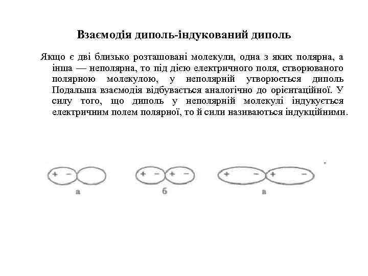 Взаємодія диполь-індукований диполь Якщо є дві близько розташовані молекули, одна з яких полярна, а