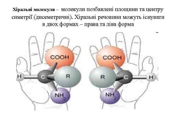 молекули позбавлені площини та центру симетрії (дисеметричні). Хіральні речовини можуть існувати в двох формах