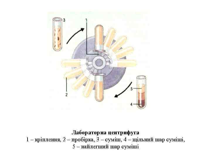 Лабораторна центрифуга 1 – кріплення, 2 – пробірка, 3 – суміш, 4 – щільний