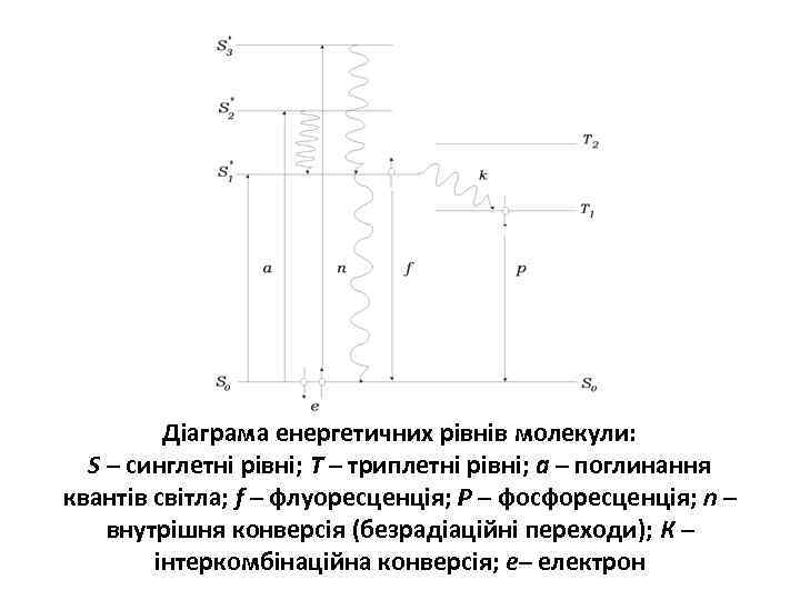 Діаграма енергетичних рівнів молекули: S – синглетні рівні; Т – триплетні рівні; а –