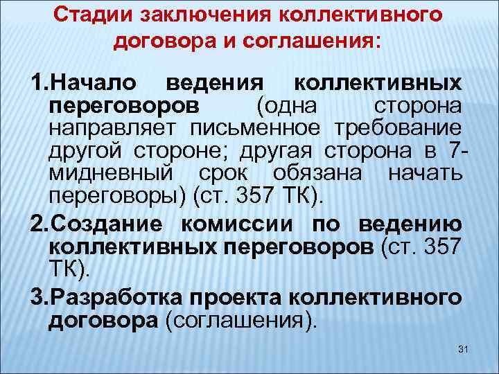 Стадии заключения коллективного договора и соглашения: 1. Начало ведения коллективных переговоров (одна сторона направляет