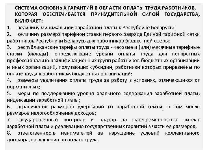 СИСТЕМА ОСНОВНЫХ ГАРАНТИЙ В ОБЛАСТИ ОПЛАТЫ ТРУДА РАБОТНИКОВ, КОТОРАЯ ОБЕСПЕЧИВАЕТСЯ ПРИНУДИТЕЛЬНОЙ СИЛОЙ ГОСУДАРСТВА, ВКЛЮЧАЕТ: