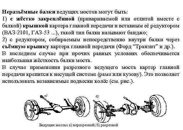 Неразъёмные балки ведущих мостов могут быть: 1) с жёстко закреплённой (приваемой или отлитой вместе