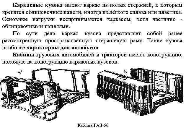 Каркасные кузова имеют каркас из полых стержней, к которым крепятся облицовочные панели, иногда из