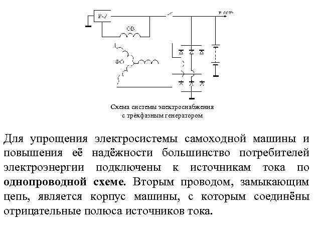 Схема системы электроснабжения с трёхфазным генератором Для упрощения электросистемы самоходной машины и повышения её