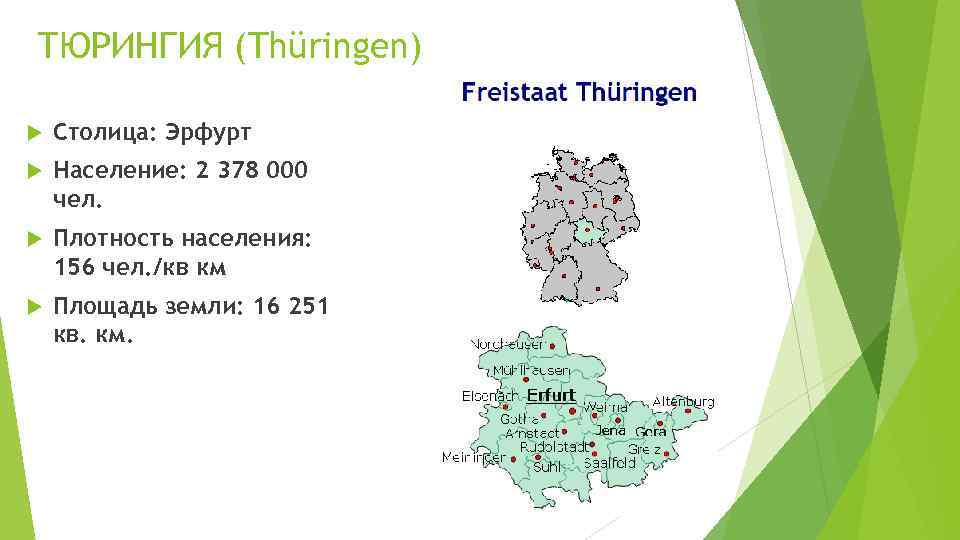 ТЮРИНГИЯ (Thüringen) Столица: Эрфурт Население: 2 378 000 чел. Плотность населения: 156 чел. /кв