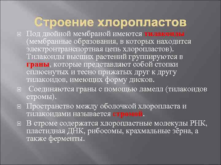 Строение хлоропластов Под двойной мембраной имеются тилакоиды (мембранные образования, в которых находится электронтранспортная цепь