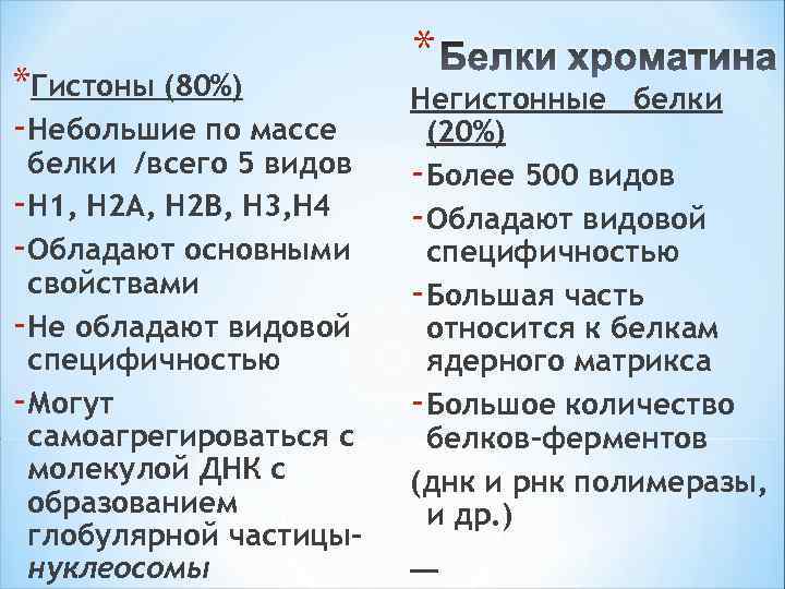 *Гистоны (80%) -Небольшие по массе белки /всего 5 видов -Н 1, Н 2 А,