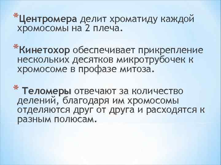*Центромера делит хроматиду каждой хромосомы на 2 плеча. *Кинетохор обеспечивает прикрепление нескольких десятков микротрубочек