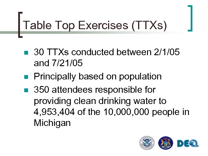 Table Top Exercises (TTXs) n n n 30 TTXs conducted between 2/1/05 and 7/21/05
