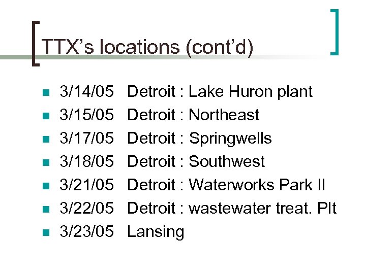 TTX’s locations (cont’d) n n n n 3/14/05 3/15/05 3/17/05 3/18/05 3/21/05 3/22/05 3/23/05