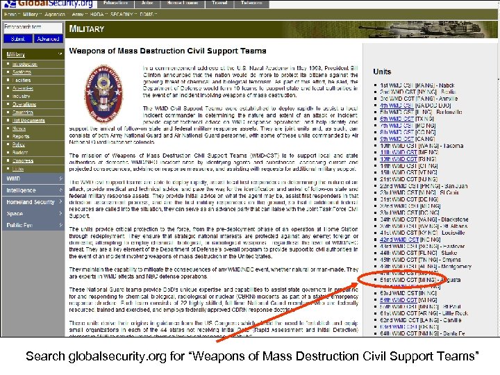 Search globalsecurity. org for “Weapons of Mass Destruction Civil Support Teams” 