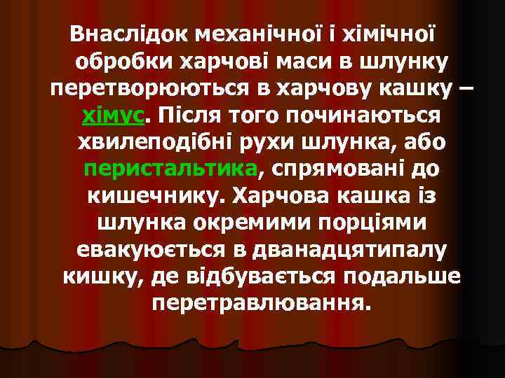 Внаслідок механічної і хімічної обробки харчові маси в шлунку перетворюються в харчову кашку –
