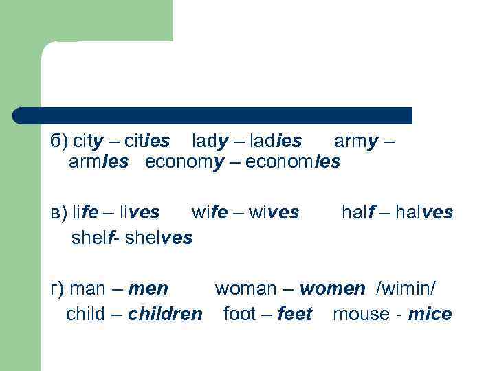 б) city – cities lady – ladies army – armies economy – economies в)