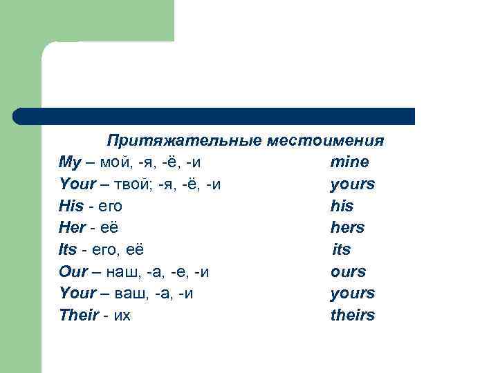 Притяжательные местоимения My – мой, -я, -ё, -и mine Your – твой; -я, -ё,