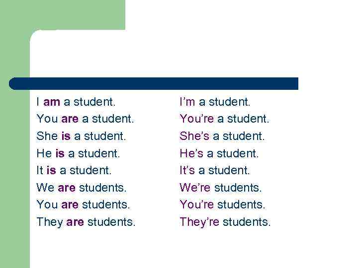 I am a student. You are a student. She is a student. He is