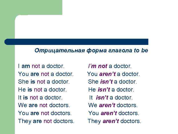Отрицательная форма глагола to be I am not a doctor. You are not a