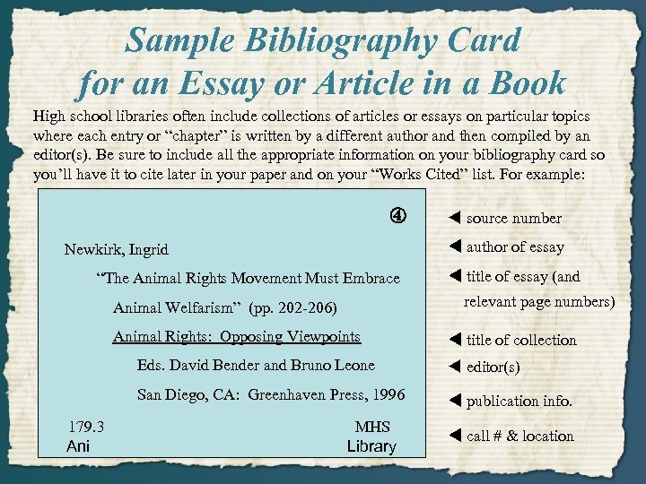 Sample Bibliography Card for an Essay or Article in a Book High school libraries