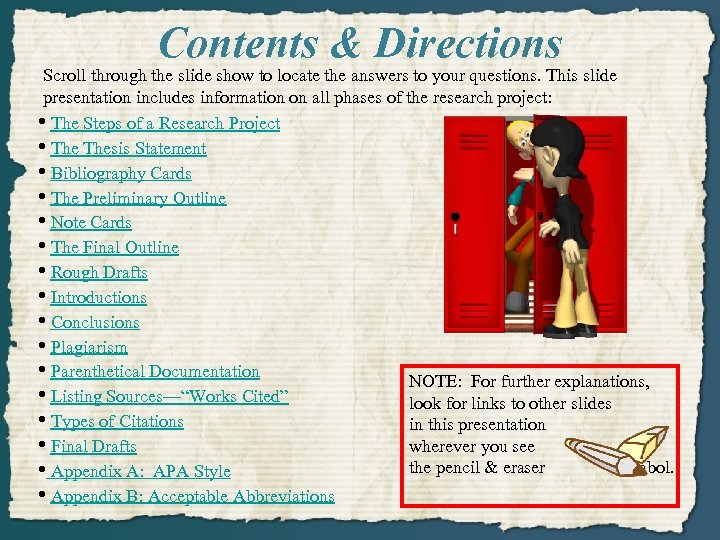 Contents & Directions Scroll through the slide show to locate the answers to your