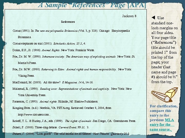 A Sample “References” Page [APA] Jackson 8 References Circus (1991). In The new encyclopaedia