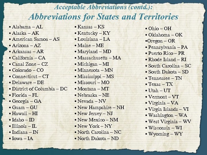 Acceptable Abbreviations (contd. ): Abbreviations for States and Territories • Alabama – AL •