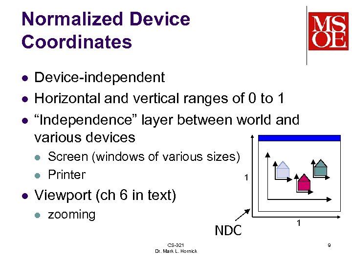 Normalized Device Coordinates l l l Device-independent Horizontal and vertical ranges of 0 to