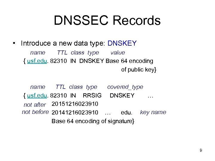 DNSSEC Records • Introduce a new data type: DNSKEY name TTL class type value