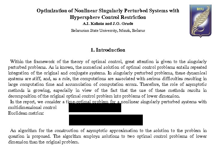 Optimization of Nonlinear Singularly Perturbed Systems with Hypersphere Control Restriction BSU A. I. Kalinin