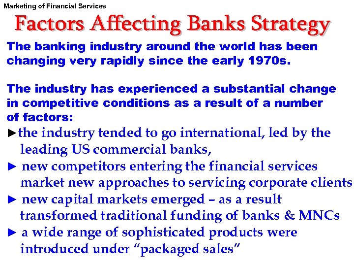 Marketing of Financial Services The banking industry around the world has been changing very