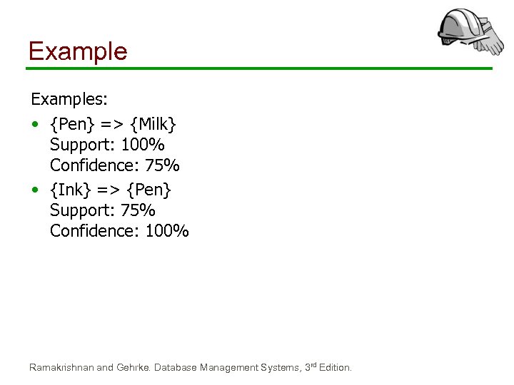 Examples: • {Pen} => {Milk} Support: 100% Confidence: 75% • {Ink} => {Pen} Support: