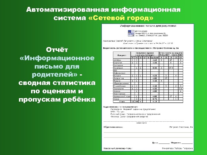 Автоматизированная информационная система «Сетевой город» Отчёт «Информационное письмо для родителей» сводная статистика по оценкам