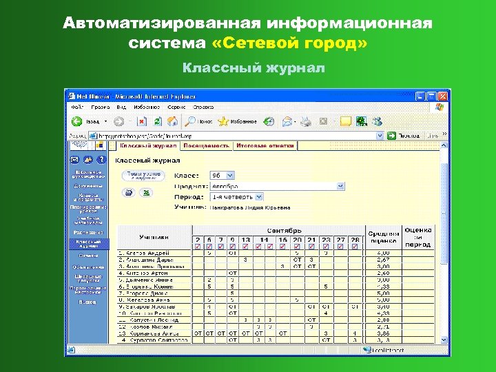 Автоматизированная информационная система «Сетевой город» Классный журнал 