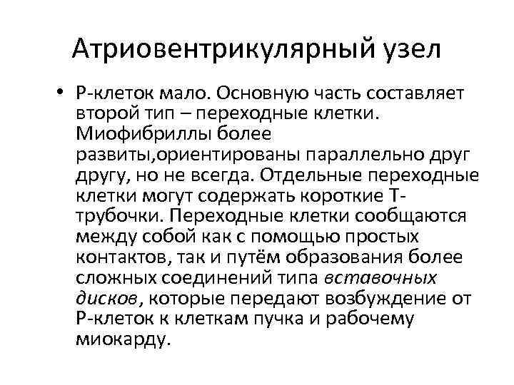 Атриовентрикулярный узел • Р-клеток мало. Основную часть составляет второй тип – переходные клетки. Миофибриллы