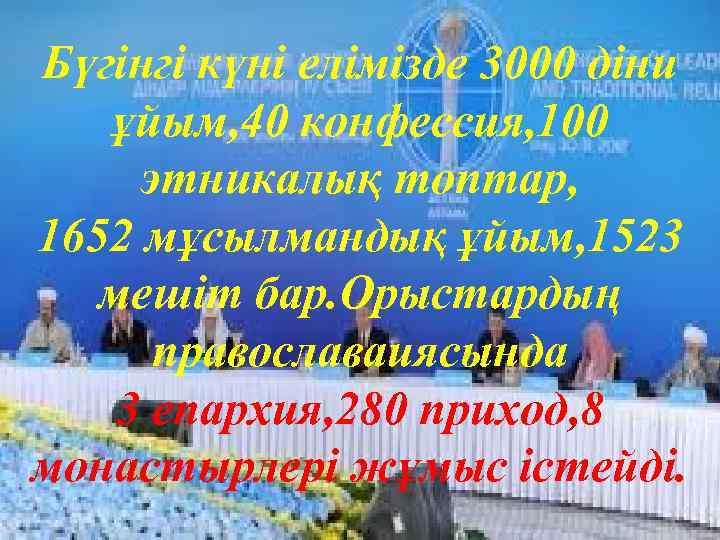 Бүгінгі күні елімізде 3000 діни ұйым, 40 конфессия, 100 этникалық топтар, 1652 мұсылмандық ұйым,