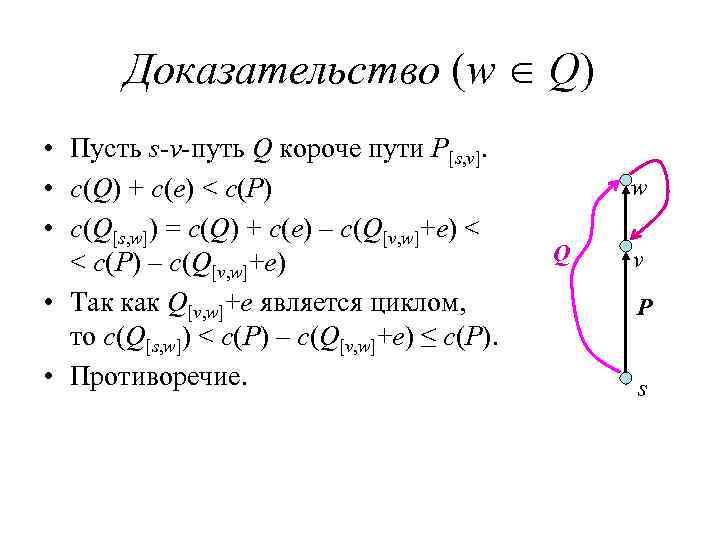Доказательство (w Q) • Пусть s-v-путь Q короче пути P[s, v]. • c(Q) +