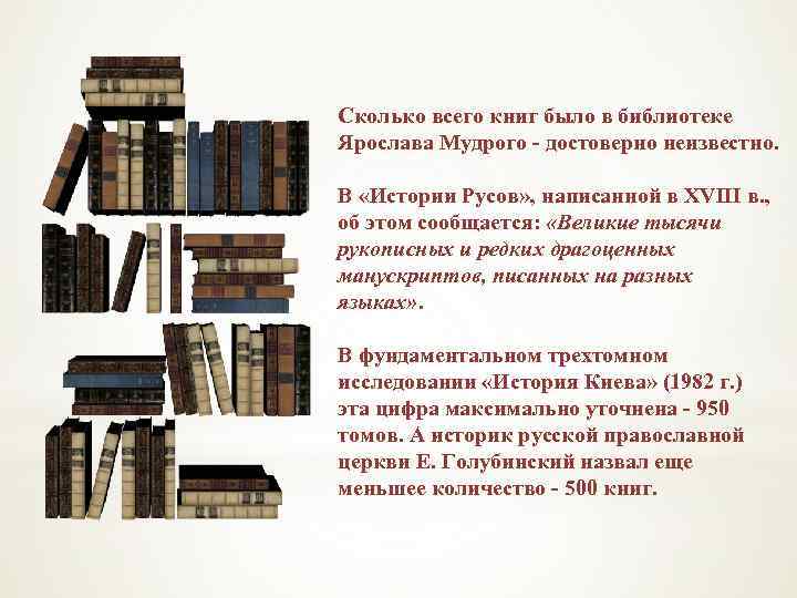 Сколько всего книг было в библиотеке Ярослава Мудрого - достоверно неизвестно. В «Истории Русов»