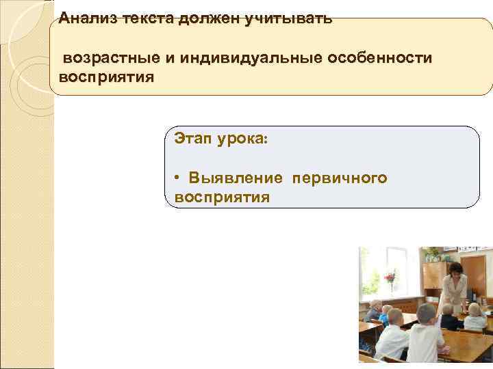 Анализ текста должен учитывать возрастные и индивидуальные особенности восприятия Этап урока: • Выявление первичного