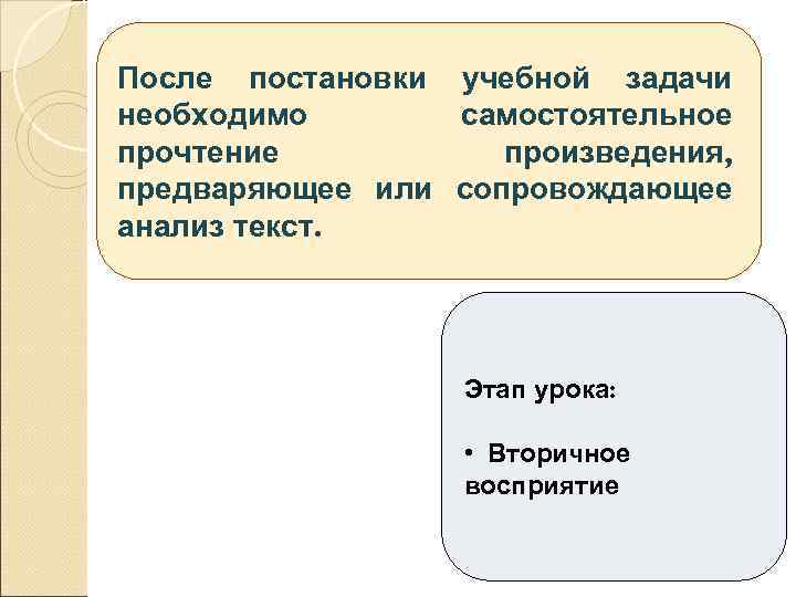 После постановки учебной задачи необходимо самостоятельное прочтение произведения, предваряющее или сопровождающее анализ текст. Этап