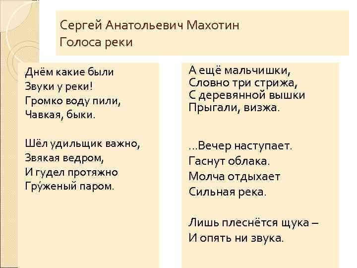 Сергей Анатольевич Махотин Голоса реки Днём какие были Звуки у реки! Громко воду пили,