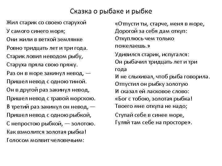 Сказка о рыбаке и рыбке Жил старик со своею старухой У самого синего моря;
