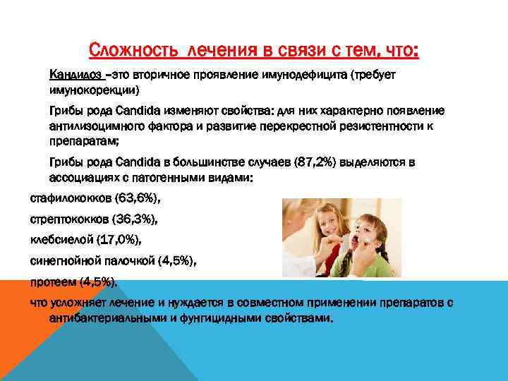 Сложность лечения в связи с тем, что: Кандидоз –это вторичное проявление имунодефицита (требует имунокорекции)