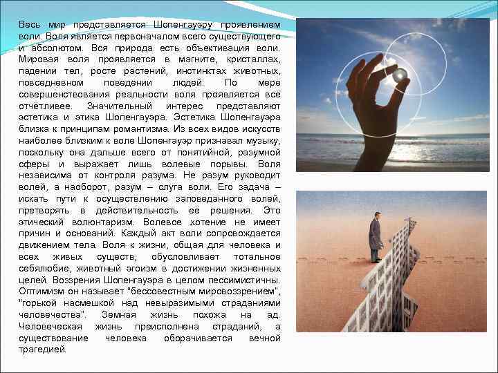 Весь мир представляется Шопенгауэру проявлением воли. Воля является первоначалом всего существующего и абсолютом. Вся