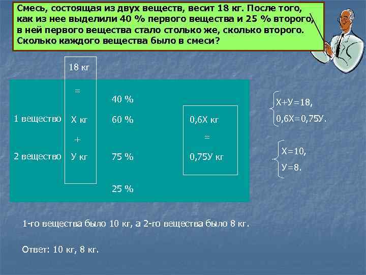 Смесь, состоящая из двух веществ, весит 18 кг. После того, как из нее выделили