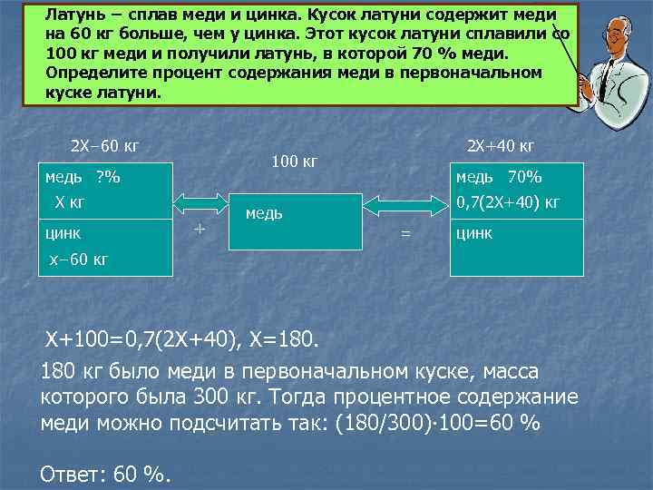 Латунь − сплав меди и цинка. Кусок латуни содержит меди на 60 кг больше,